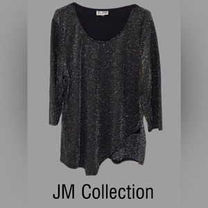 JM Collection Womens Asymmetrical Top, Black with Silver Threading, Size XL